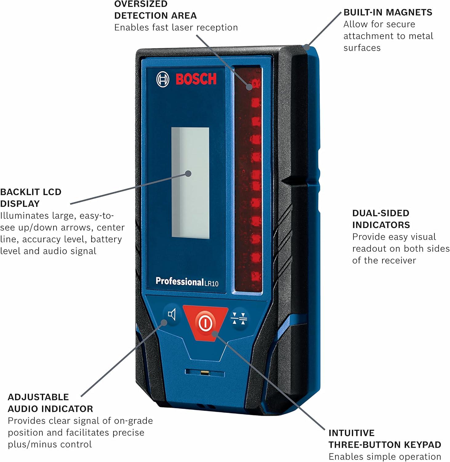 imageBOSCH LR8 165 ft Red and GreenBeam Line Laser Receiver Includes Mounting Bracket 2 AA Batteries amp Belt Pouch500 ft Receiver RED