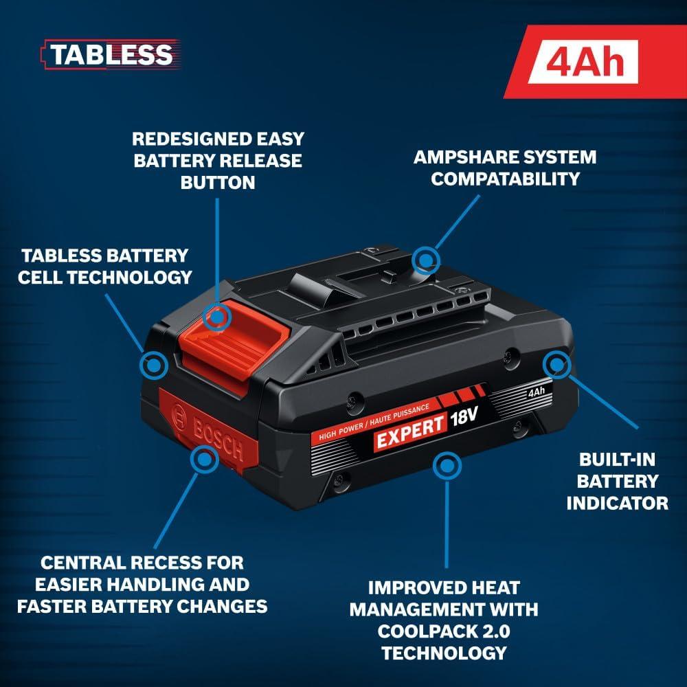 imageBosch EXBA18V40 Expert 18V 4 Ah High Power Battery with HighPower Tabless Cells CoolPack 20 Technology and AMPShare System Compatibility