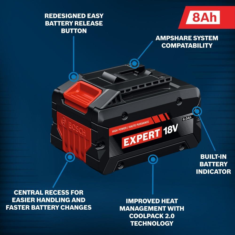 imageBosch EXBA18V80 Expert 18V 8 Ah High Power Battery with HighPower Tabless Cells CoolPack 20 Technology and AMPShare System Compatibility