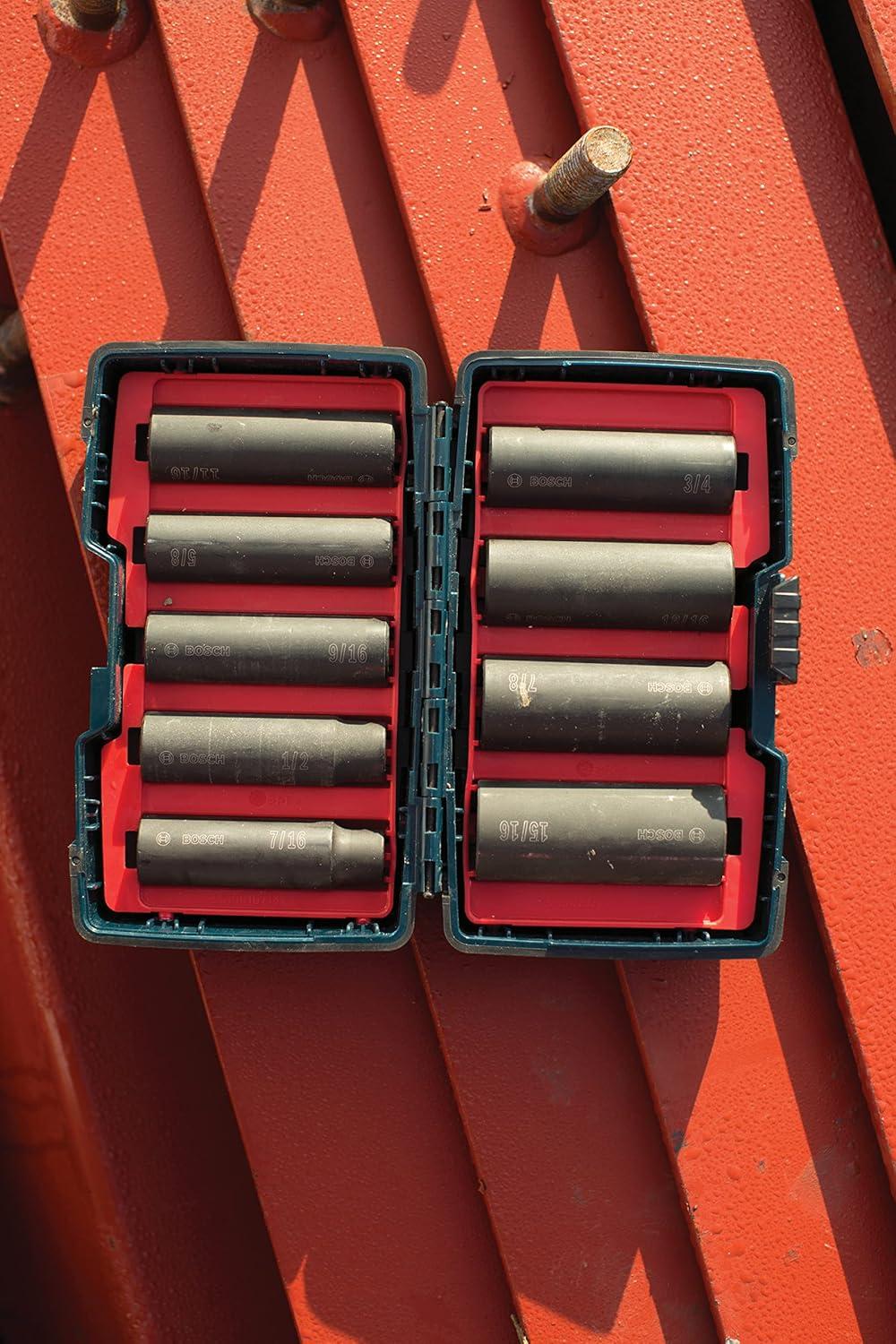 imageBOSCH 27286 12 In Shank 9Piece Assorted Set with Brute Tough Case Impact Tough Deep Well Sockets for Applications in High Torque Driving and Fastening
