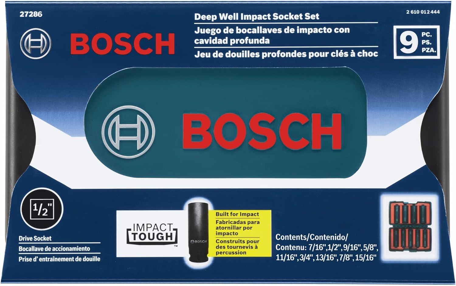 imageBOSCH 27286 12 In Shank 9Piece Assorted Set with Brute Tough Case Impact Tough Deep Well Sockets for Applications in High Torque Driving and Fastening