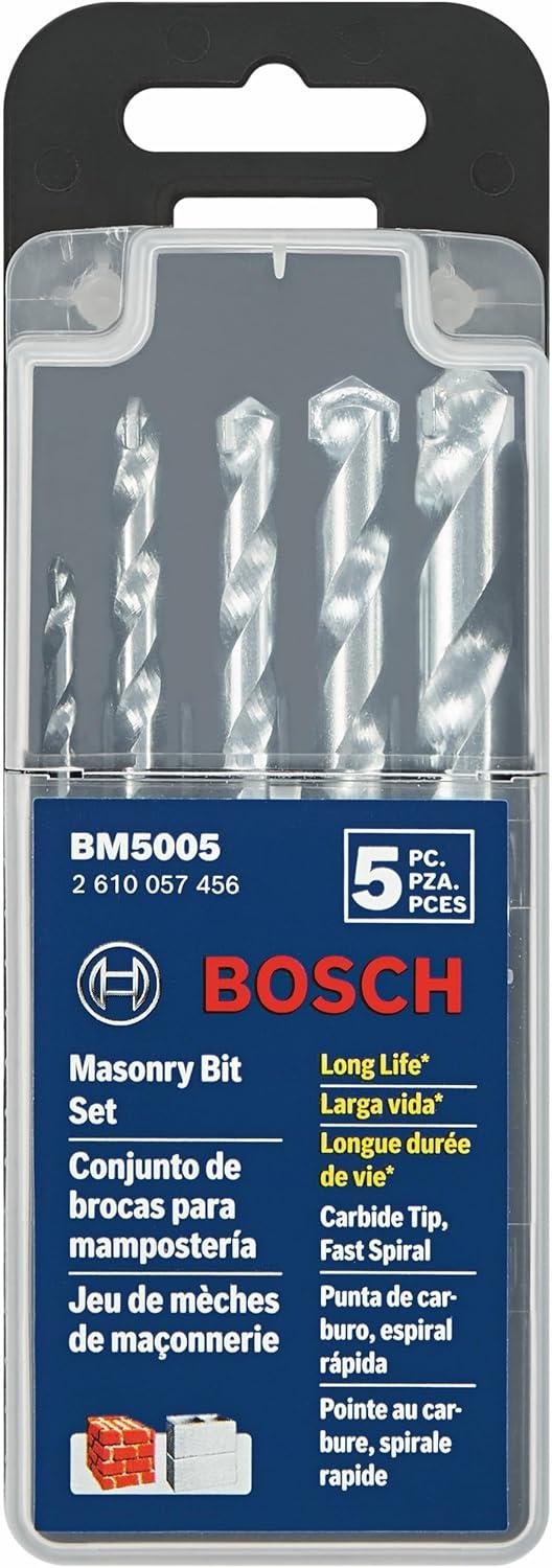 imageBOSCH BM5005 5Piece Fast Spiral Rotary Masonry Carbide Tip Bits Assorted Set for Rotary Drilling Applications in Block Brick Masonry