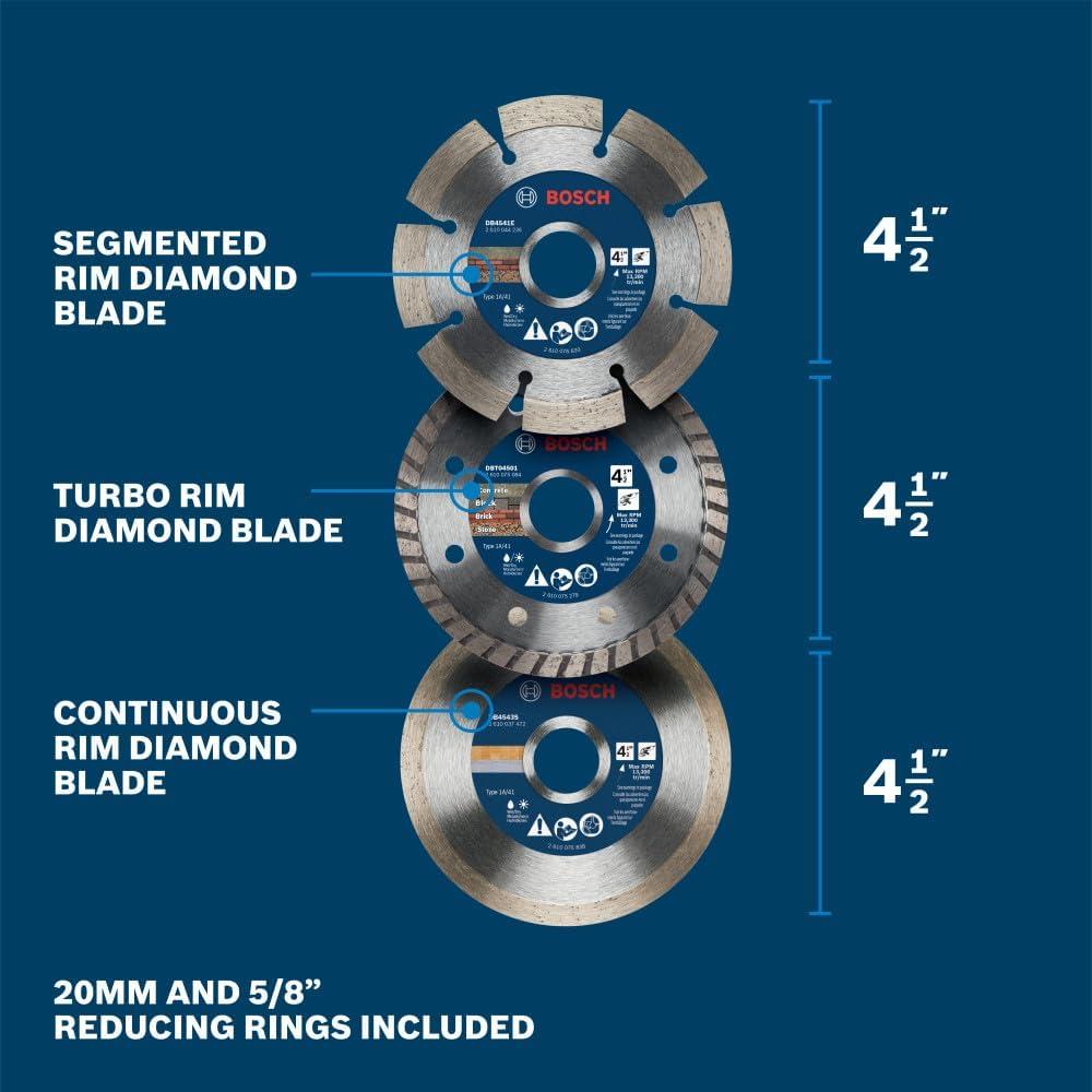 imageBOSCH DB045S3 45 in 3Pc Diamond Blade Set Includes Segmented Turbo Continuous Diamond Blades and Reducing Rings