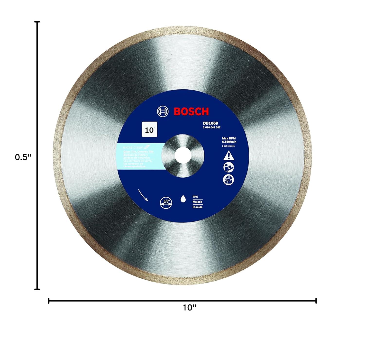imageBOSCH DB1066 10 in Rapido Premium Continuous Rim Diamond Blade with 58 in Arbor for Clean Cut WetDry Cutting Applications in Porcelain Ceramic GraniteWet