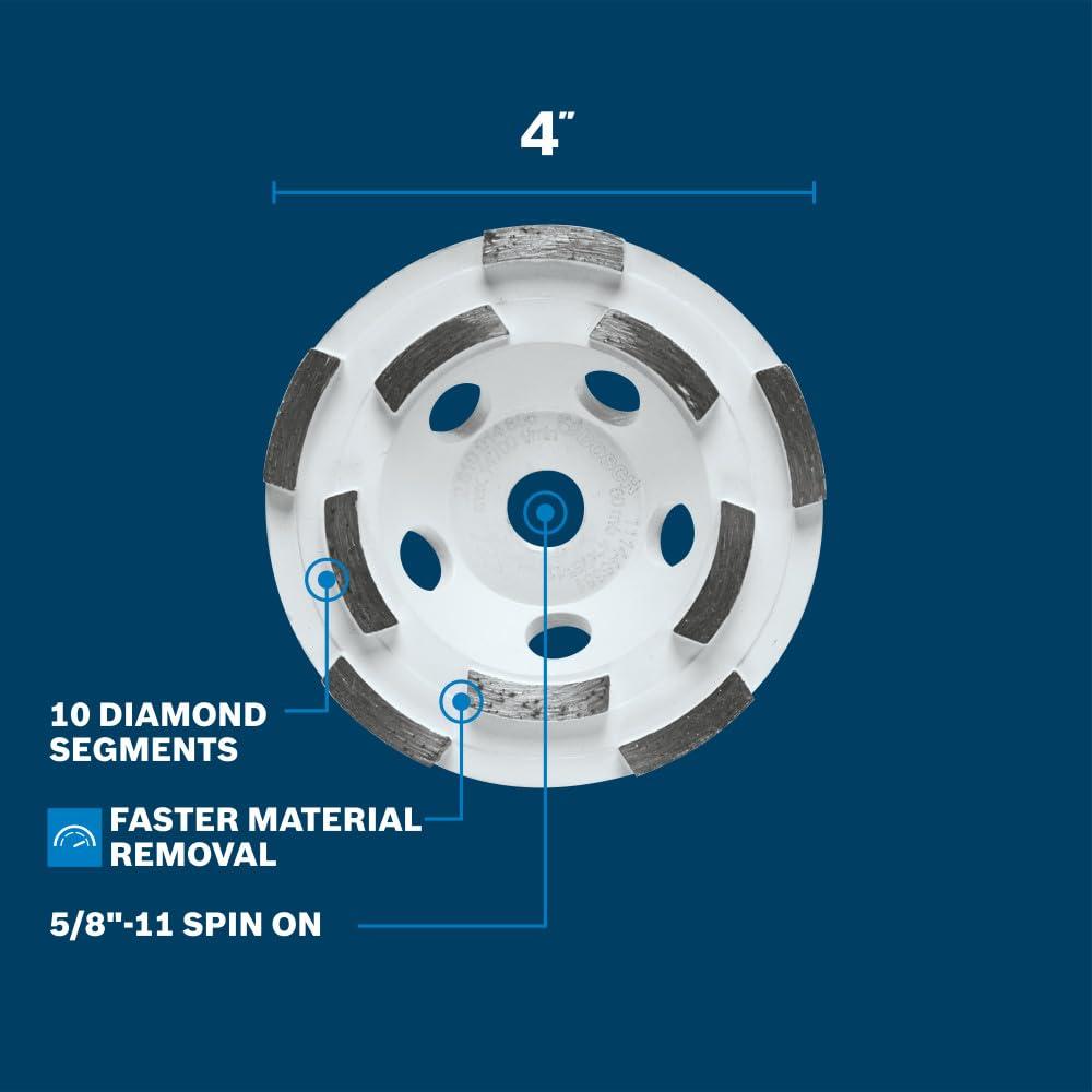 imageBOSCH DCDR0402 4 in Double Row Segmented Hubbed Diamond Cup Wheel Fast Material Removal Concrete Masonry Angle Grinders