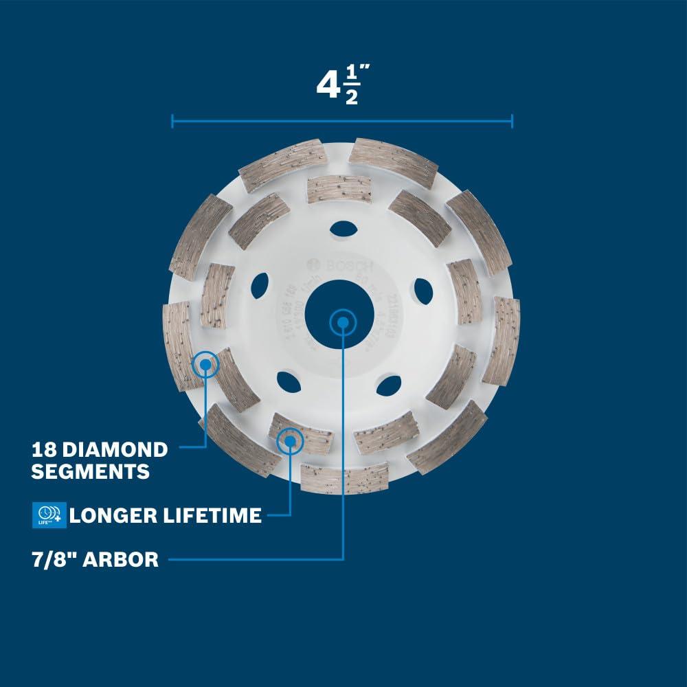 imageBOSCH DCDR04501 412 in Double Row Segmented Diamond Cup Wheel Longer Life Effective Grinding Concrete Mortar Small Angle Grinders