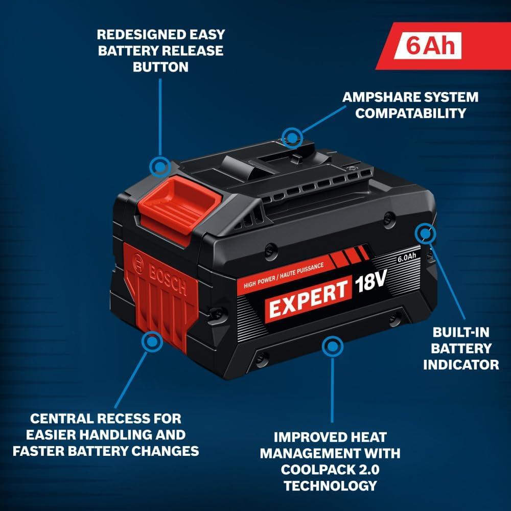 imageBOSCH EXBA18V60 EXPERT 18V 6 Ah High Power Battery with HighPower 21700 Cells CoolPack 20 Technology and AMPShare System Compatibility
