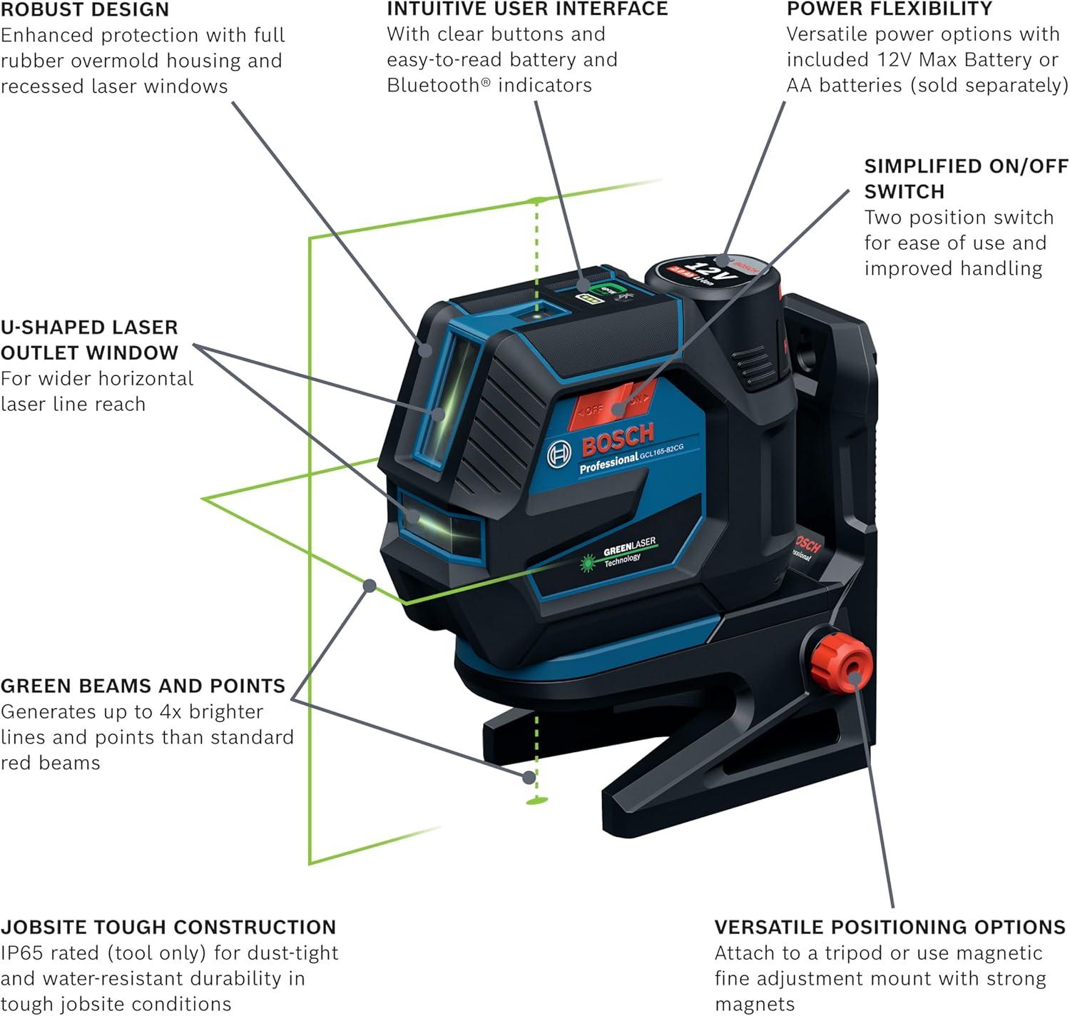 imageBOSCH GCL16582CGL 12V Max Connected GreenBeam CrossLine Laser with Plumb Points Bluetooth IP65 Durability 125 Ft Range VisiMax Technology Includes 12V Battery amp Charger and Magnetic Mount