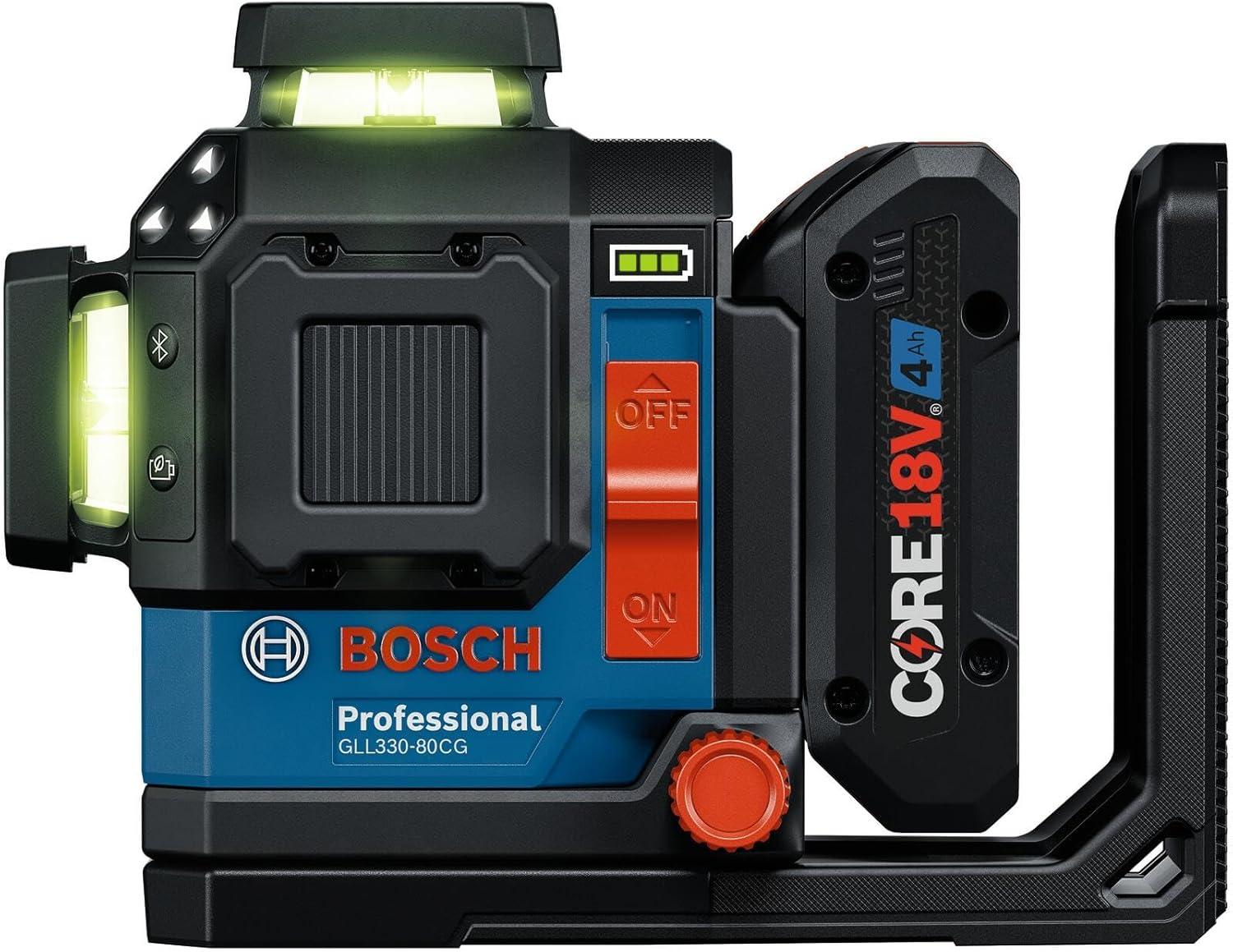 imageBOSCH GLL33080CGL 18V 360 Connected GreenBeam ThreePlane Leveling and Alignment Laser with 4 Ah Battery Versatile HighVisibility Laser with Bluetooth Connectivity and Smart Pendulum System