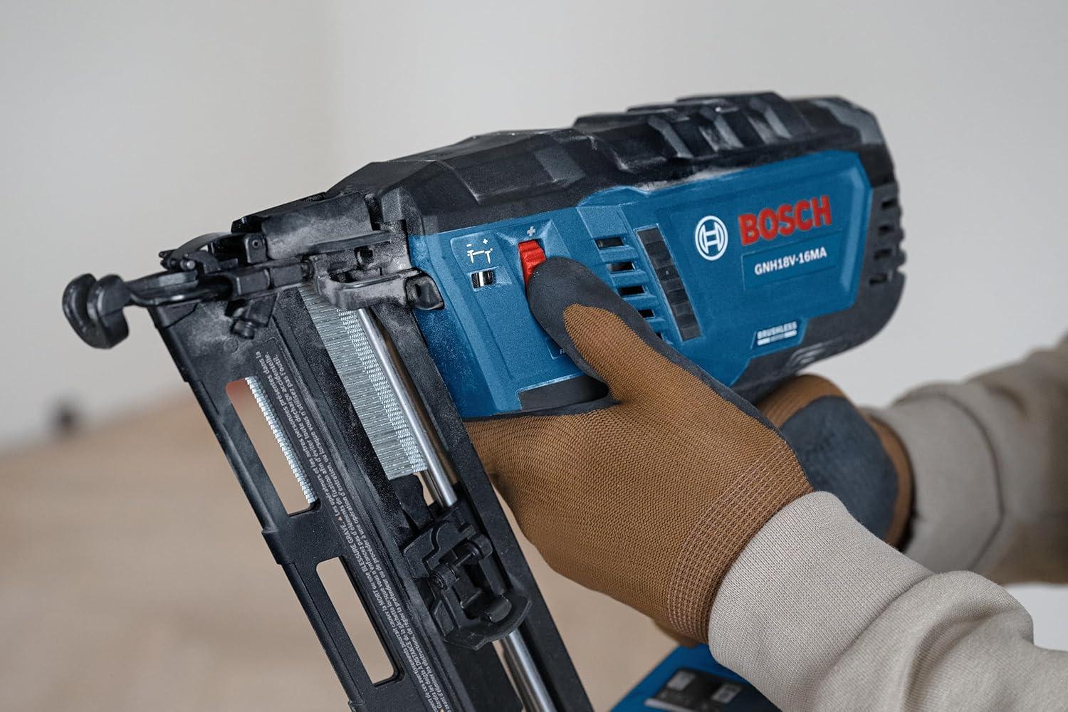 imageBOSCH GNH18V16MAN 18V Brushless 16Gauge Angled Finish Nailer Fastens up to 1600 Nails per Charge OneHanded Activation ToolFree Jam Clearing Belt Hook Bare ToolBare Tool