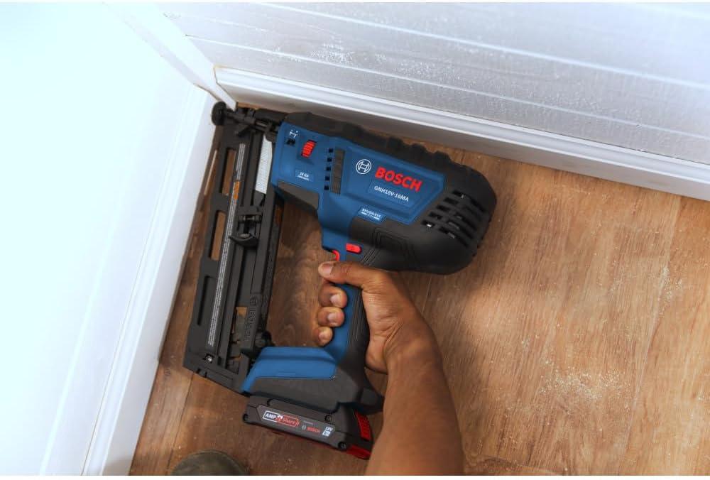 imageBOSCH GNH18V16MAN 18V Brushless 16Gauge Angled Finish Nailer Fastens up to 1600 Nails per Charge OneHanded Activation ToolFree Jam Clearing Belt Hook Bare ToolIndustrial