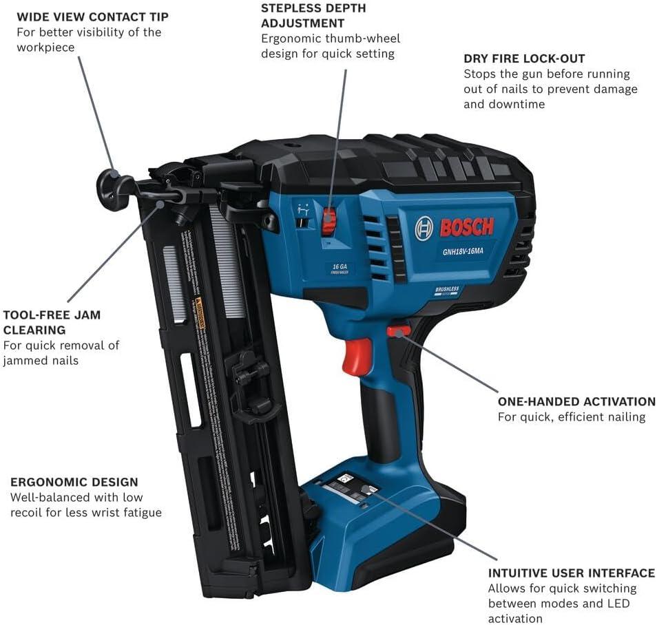 imageBOSCH GNH18V16MAN 18V Brushless 16Gauge Angled Finish Nailer Fastens up to 1600 Nails per Charge OneHanded Activation ToolFree Jam Clearing Belt Hook Bare ToolBare Tool