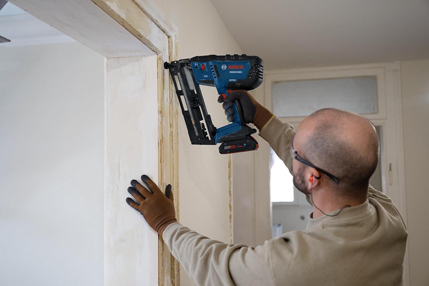 imageBOSCH GNH18V16MAN 18V Brushless 16Gauge Angled Finish Nailer Fastens up to 1600 Nails per Charge OneHanded Activation ToolFree Jam Clearing Belt Hook Bare ToolBare Tool