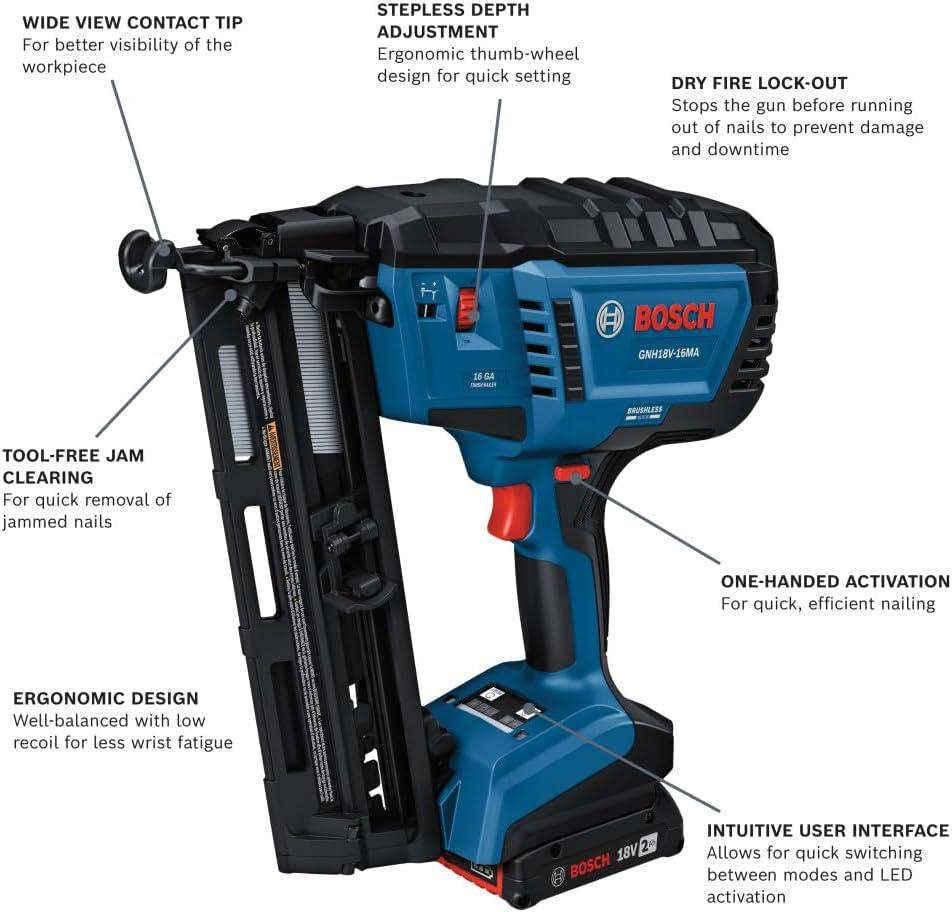 imageBOSCH GNH18V16MAN 18V Brushless 16Gauge Angled Finish Nailer Fastens up to 1600 Nails per Charge OneHanded Activation ToolFree Jam Clearing Belt Hook Bare ToolIndustrial