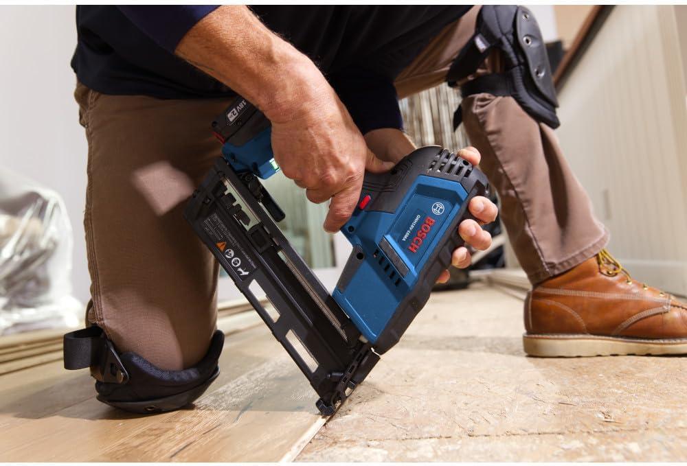 imageBOSCH GNH18V16MAN 18V Brushless 16Gauge Angled Finish Nailer Fastens up to 1600 Nails per Charge OneHanded Activation ToolFree Jam Clearing Belt Hook Bare ToolIndustrial