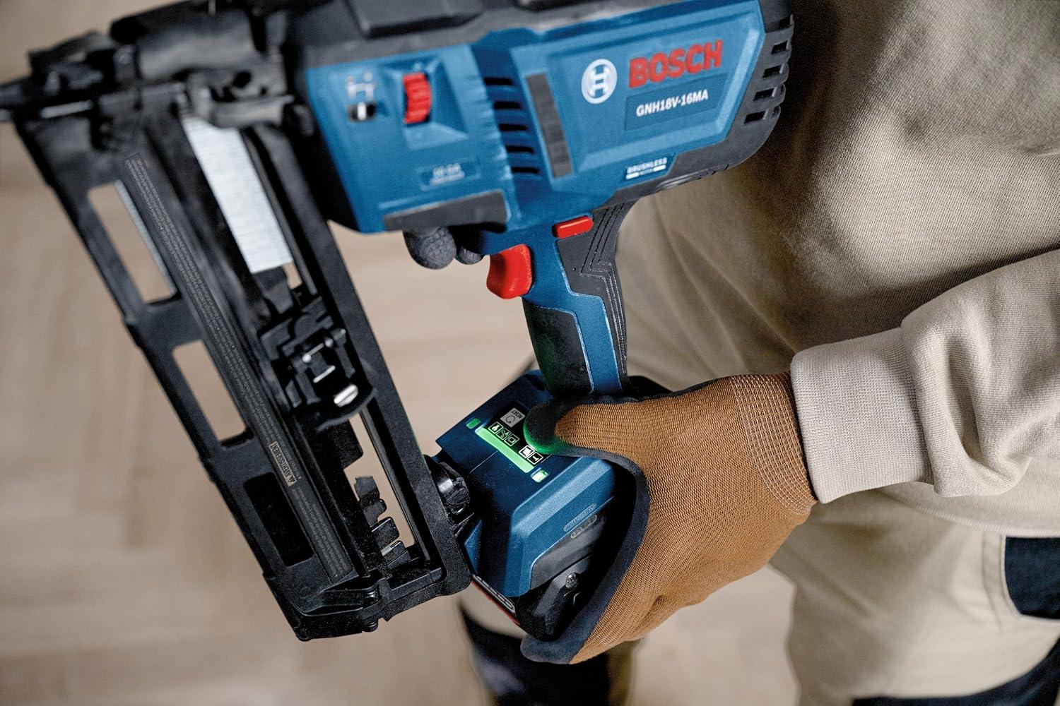imageBOSCH GNH18V16MAN 18V Brushless 16Gauge Angled Finish Nailer Fastens up to 1600 Nails per Charge OneHanded Activation ToolFree Jam Clearing Belt Hook Bare ToolBare Tool