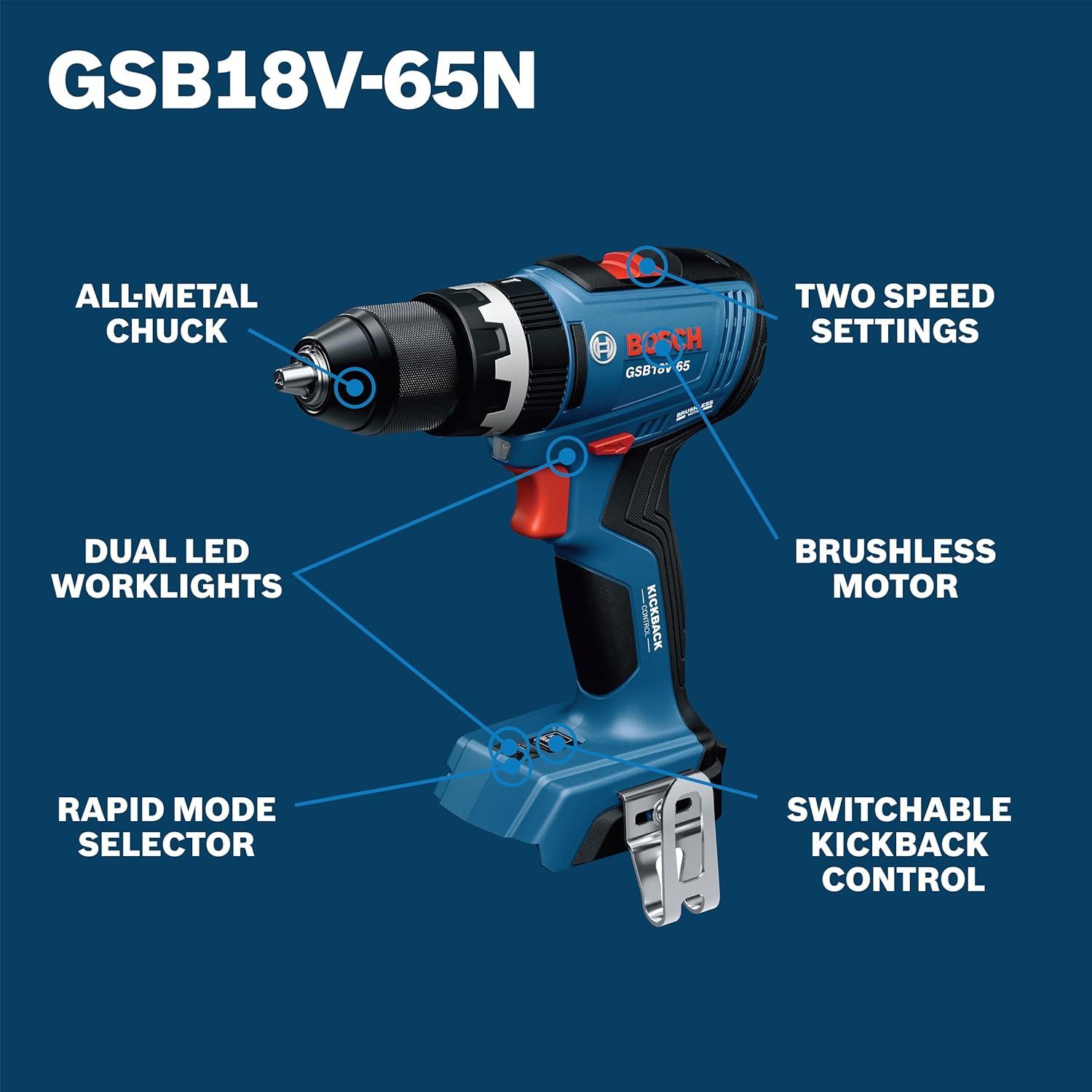 imageBOSCH GSB18V65N 12 In Brushless Hammer DrillDriver 575 InLbs Max Torque Switchable KickBack Control Rapid Mode Selector Dual LED Worklights AllMetal Chuck Bare Tool