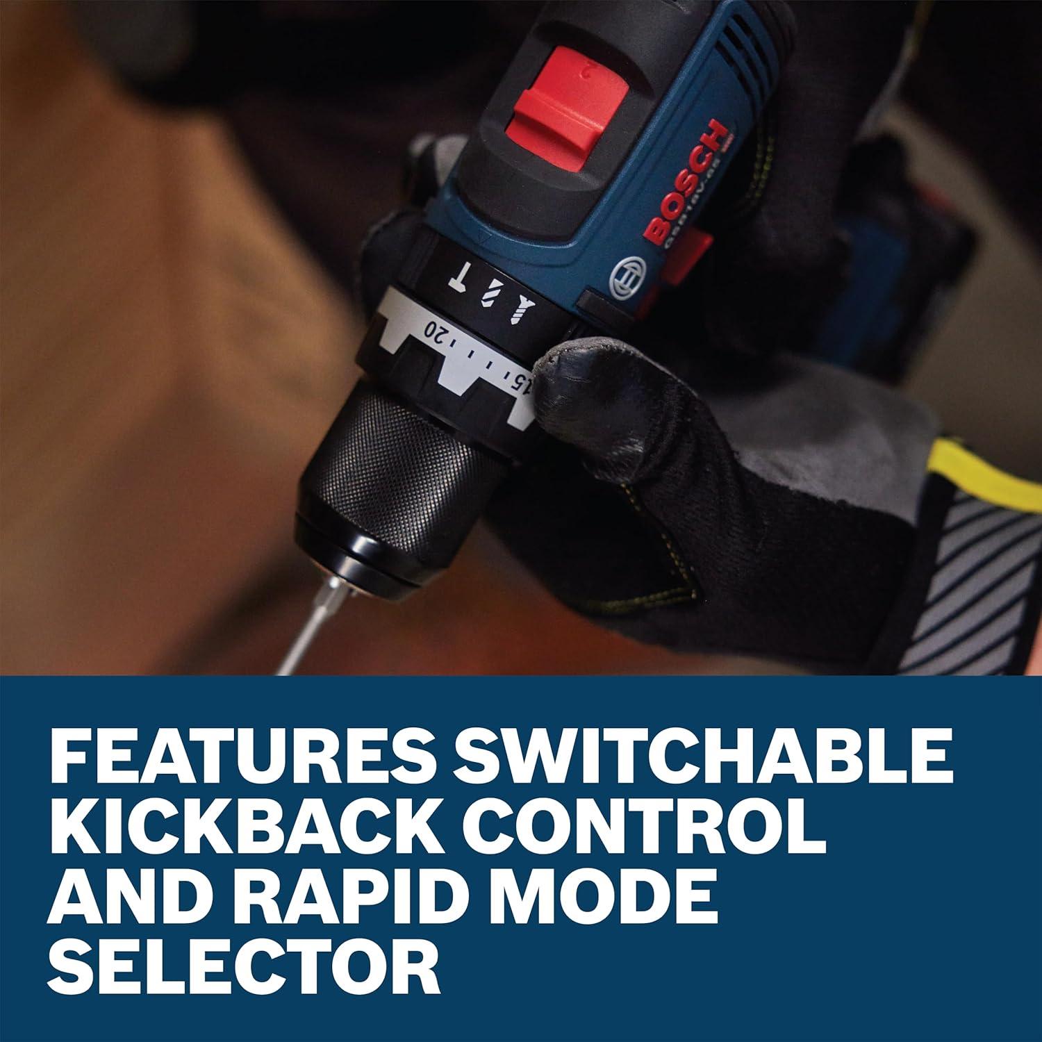 imageBOSCH GSB18V65N 12 In Brushless Hammer DrillDriver 575 InLbs Max Torque Switchable KickBack Control Rapid Mode Selector Dual LED Worklights AllMetal Chuck Bare Tool