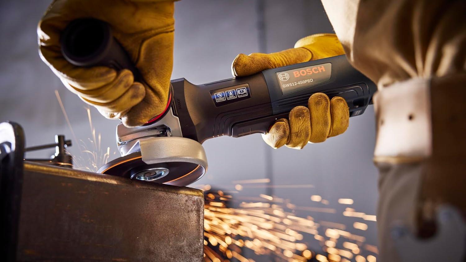 imageBOSCH GWS12450PBD 4 In Ergonomic Angle Grinder with No LockOn Paddle Switch High Performance and Comfort for Grinding and Cutting Applications