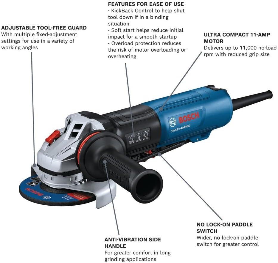 imageBOSCH GWS12450PBD 4 In Ergonomic Angle Grinder with No LockOn Paddle Switch High Performance and Comfort for Grinding and Cutting Applications