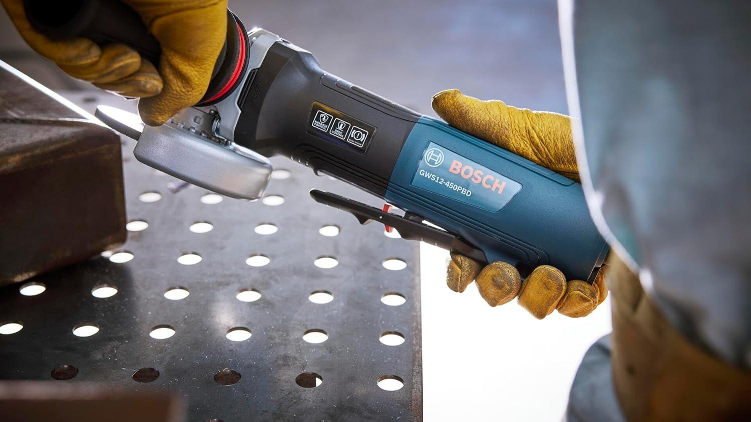 imageBOSCH GWS12450PBD 4 In Ergonomic Angle Grinder with No LockOn Paddle Switch High Performance and Comfort for Grinding and Cutting Applications