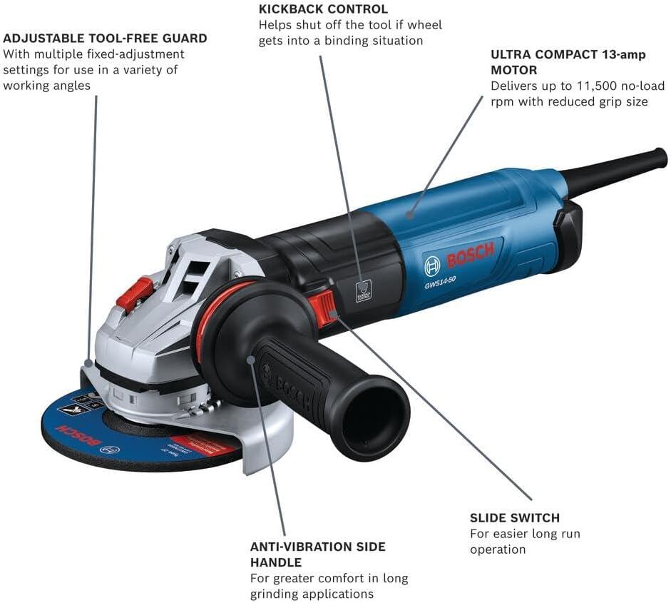 imageBOSCH GWS1450 5 In Angle Grinder Compact Powerful 13Amp Motor with Slide Switch High Performance for Grinding and Cutting