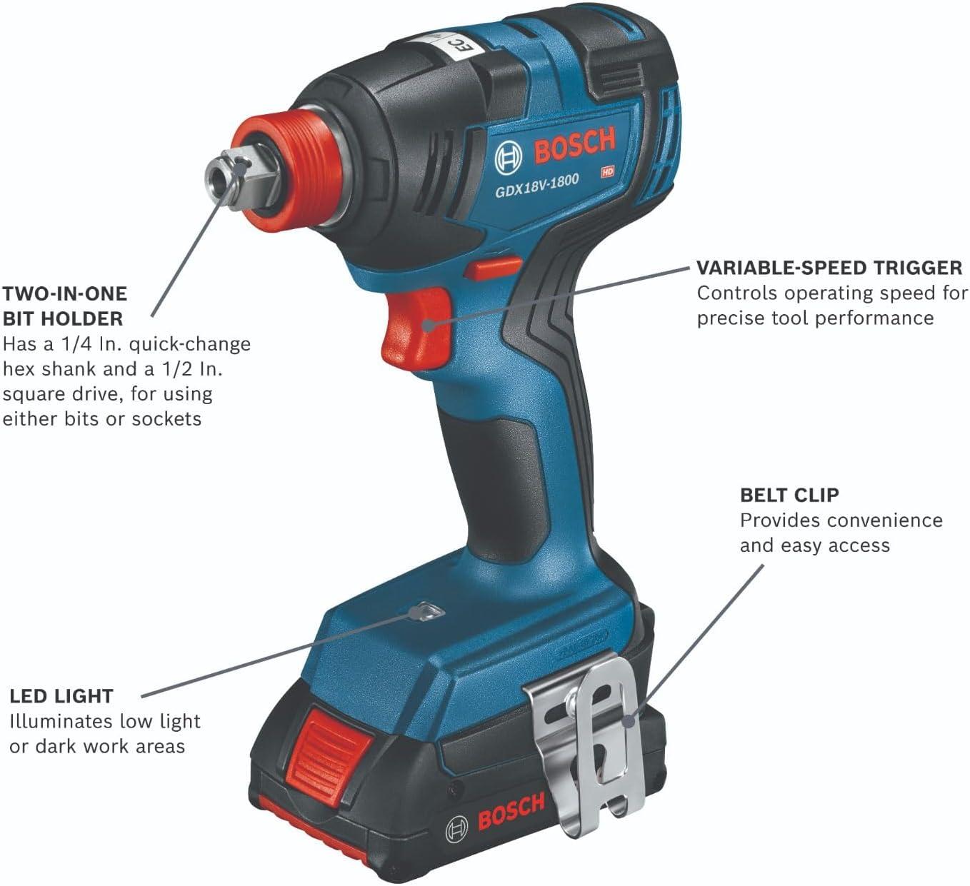 imageBOSCH GXL18V901B25 18V 9Tool Combo Kit 2In1 BitSocket Impact Driver Hammer DrillDriver Recip Saw Circ Saw Oscillating Tool Angle Grinder Vacuum Worklight 2 CORE18V 4 Ah Batteries