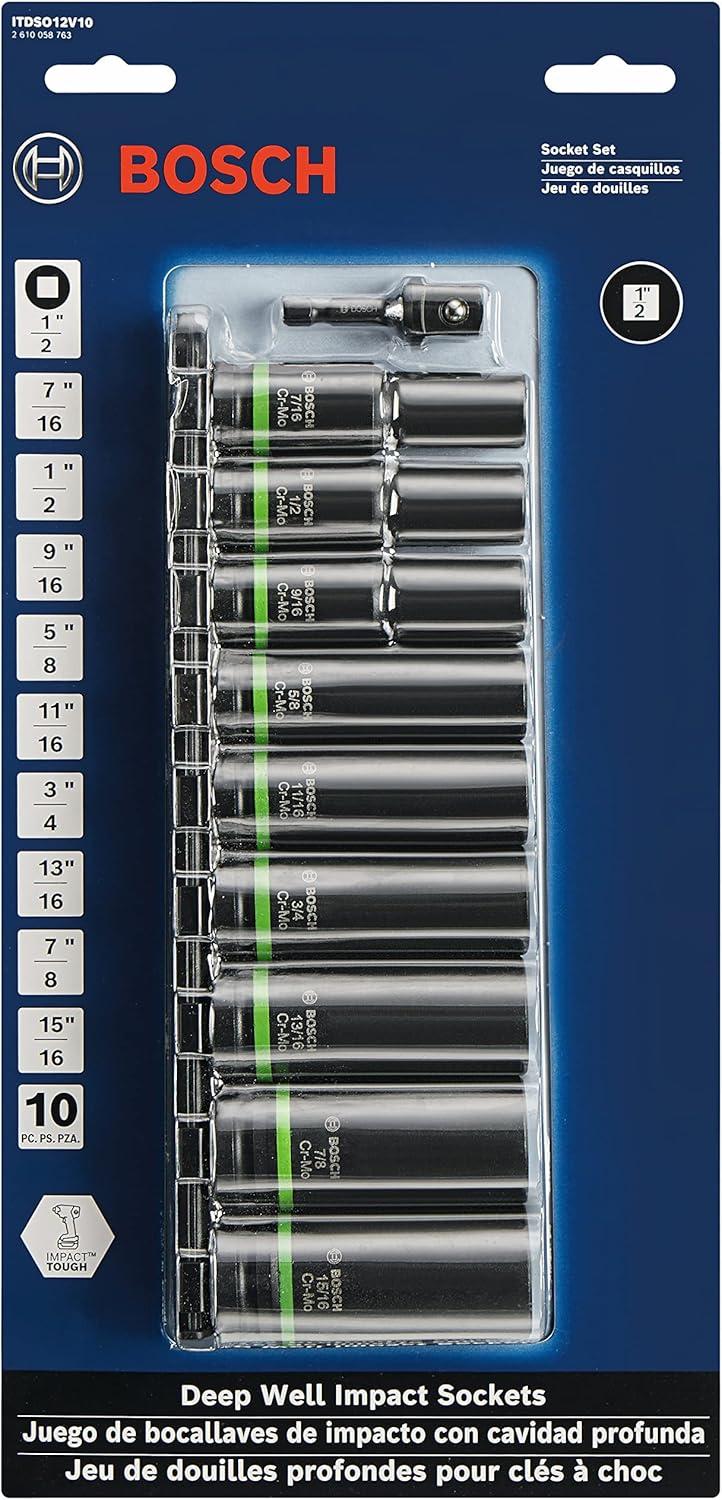 imageBOSCH ITDSO12V10 10Piece Mixed 12 In Sockets with 14 In Hex to 12 In Socket Adapter Impact Tough Assorted Set