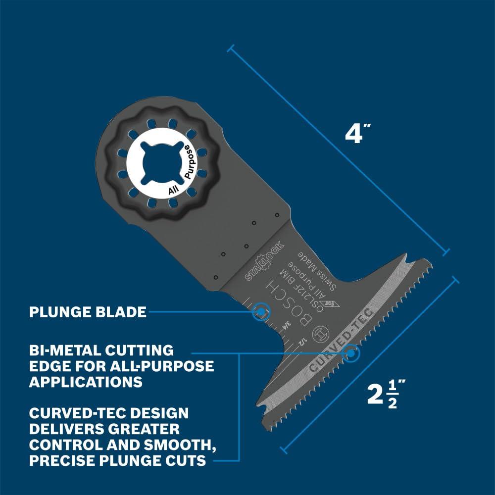 imageBOSCH Starlock OSL114F3 Oscillating MultiTool Blade 114 Inch BiMetal Plunge Cut Swiss Precision 3D Fit Interface Compatible with OIS Tools Professional Wood Metal amp Drywall Cutting212 In