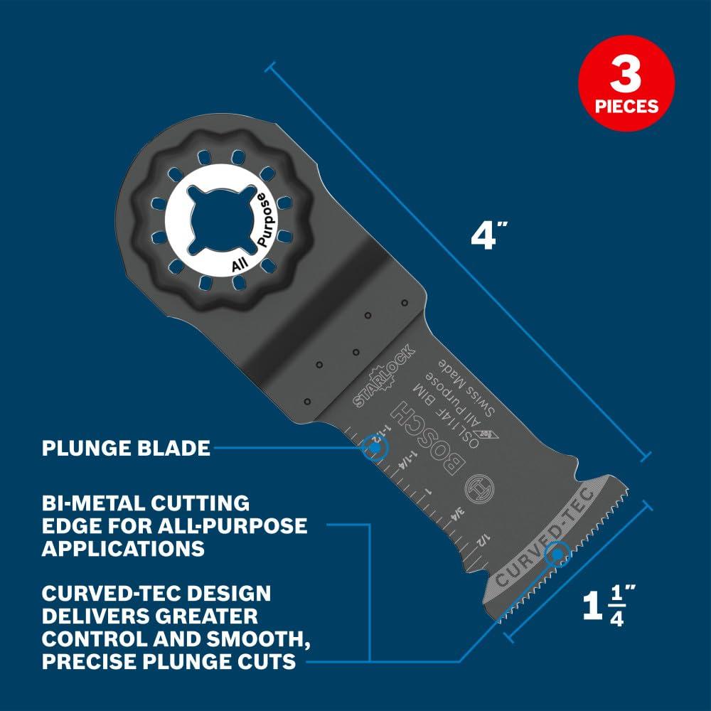 imageBOSCH Starlock OSL114F3 Oscillating MultiTool Blade 114 Inch BiMetal Plunge Cut Swiss Precision 3D Fit Interface Compatible with OIS Tools Professional Wood Metal amp Drywall Cutting114 In