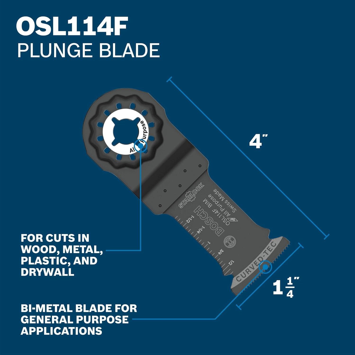 imageBOSCH Starlock OSL114F3 Oscillating MultiTool Blade 114 Inch BiMetal Plunge Cut Swiss Precision 3D Fit Interface Compatible with OIS Tools Professional Wood Metal amp Drywall Cutting114 In