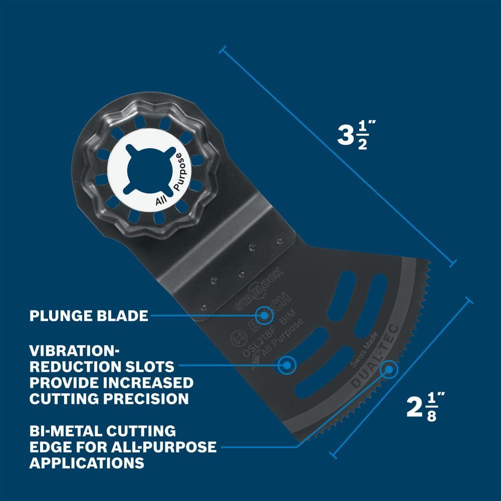 imageBOSCH Starlock OSL114F3 Oscillating MultiTool Blade 114 Inch BiMetal Plunge Cut Swiss Precision 3D Fit Interface Compatible with OIS Tools Professional Wood Metal amp Drywall Cutting218 In