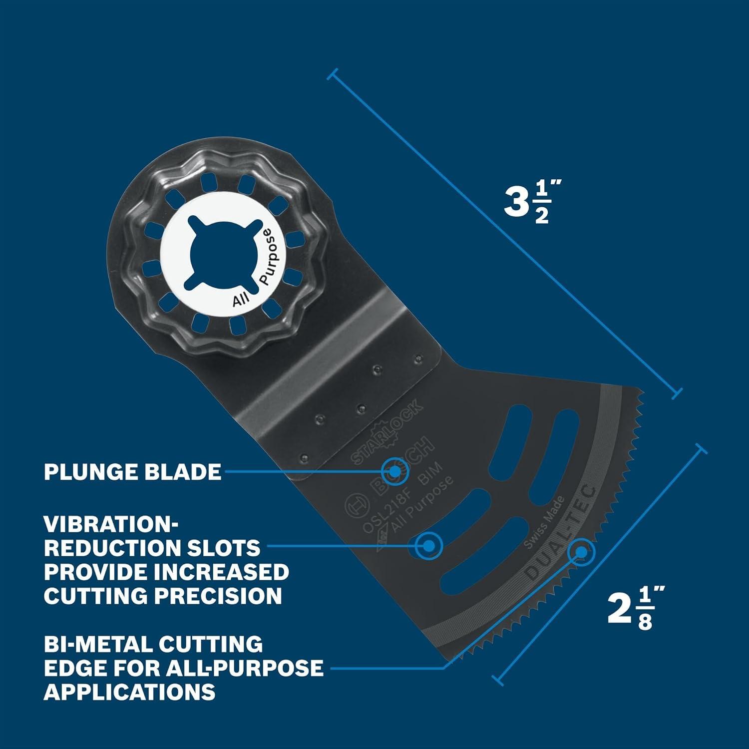 imageBOSCH Starlock OSL114F3 Oscillating MultiTool Blade 114 Inch BiMetal Plunge Cut Swiss Precision 3D Fit Interface Compatible with OIS Tools Professional Wood Metal amp Drywall Cutting218 In