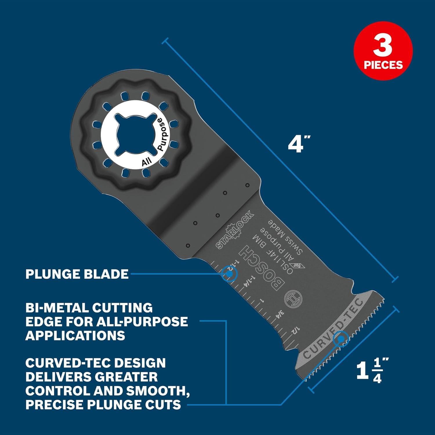 imageBOSCH Starlock OSL114F3 Oscillating MultiTool Blade 114 Inch BiMetal Plunge Cut Swiss Precision 3D Fit Interface Compatible with OIS Tools Professional Wood Metal amp Drywall Cutting114 In