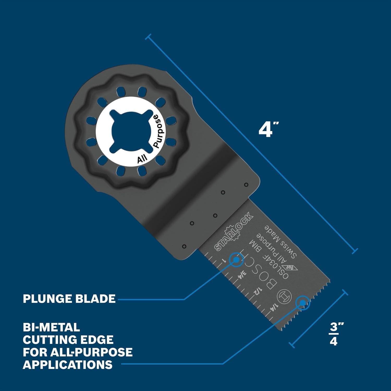 imageBOSCH Starlock OSL114F3 Oscillating MultiTool Blade 114 Inch BiMetal Plunge Cut Swiss Precision 3D Fit Interface Compatible with OIS Tools Professional Wood Metal amp Drywall Cutting34 In