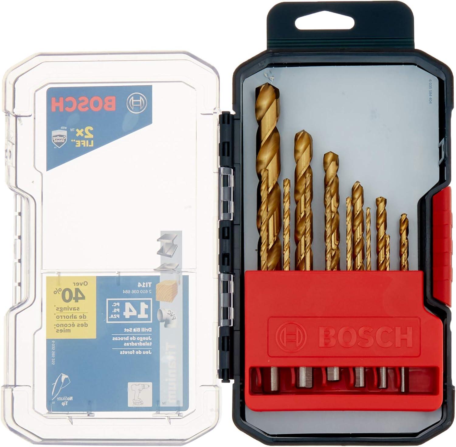 imageBOSCH TI2143 1Piece 14 in x 4 in Titanium Nitride Coated Metal Drill Bit with 38 in Reduced Shank for Applications in HeavyGauge Carbon Steels Light Gauge Metal HardwoodAssorted Sizes