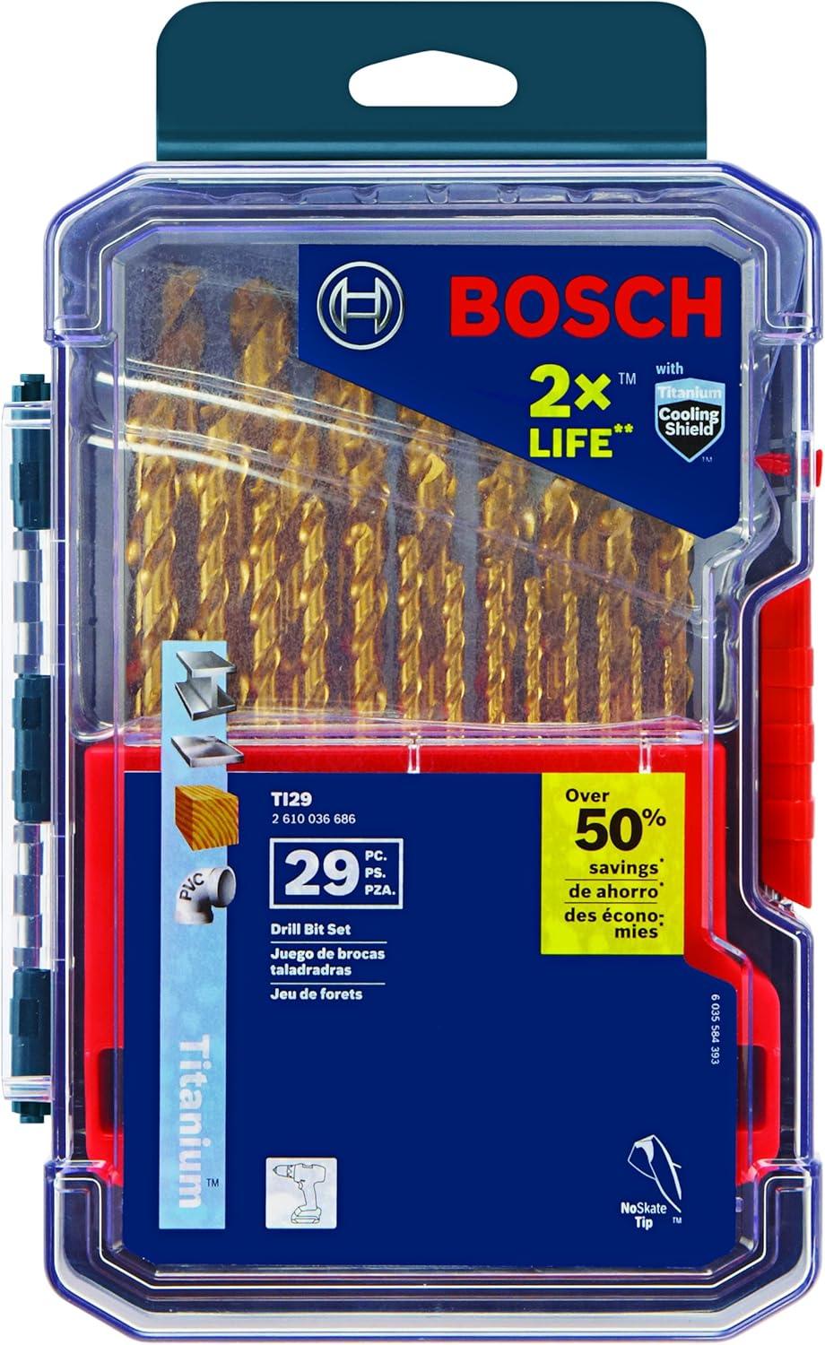 imageBOSCH TI2143 1Piece 14 in x 4 in Titanium Nitride Coated Metal Drill Bit with 38 in Reduced Shank for Applications in HeavyGauge Carbon Steels Light Gauge Metal HardwoodAssorted Sizes
