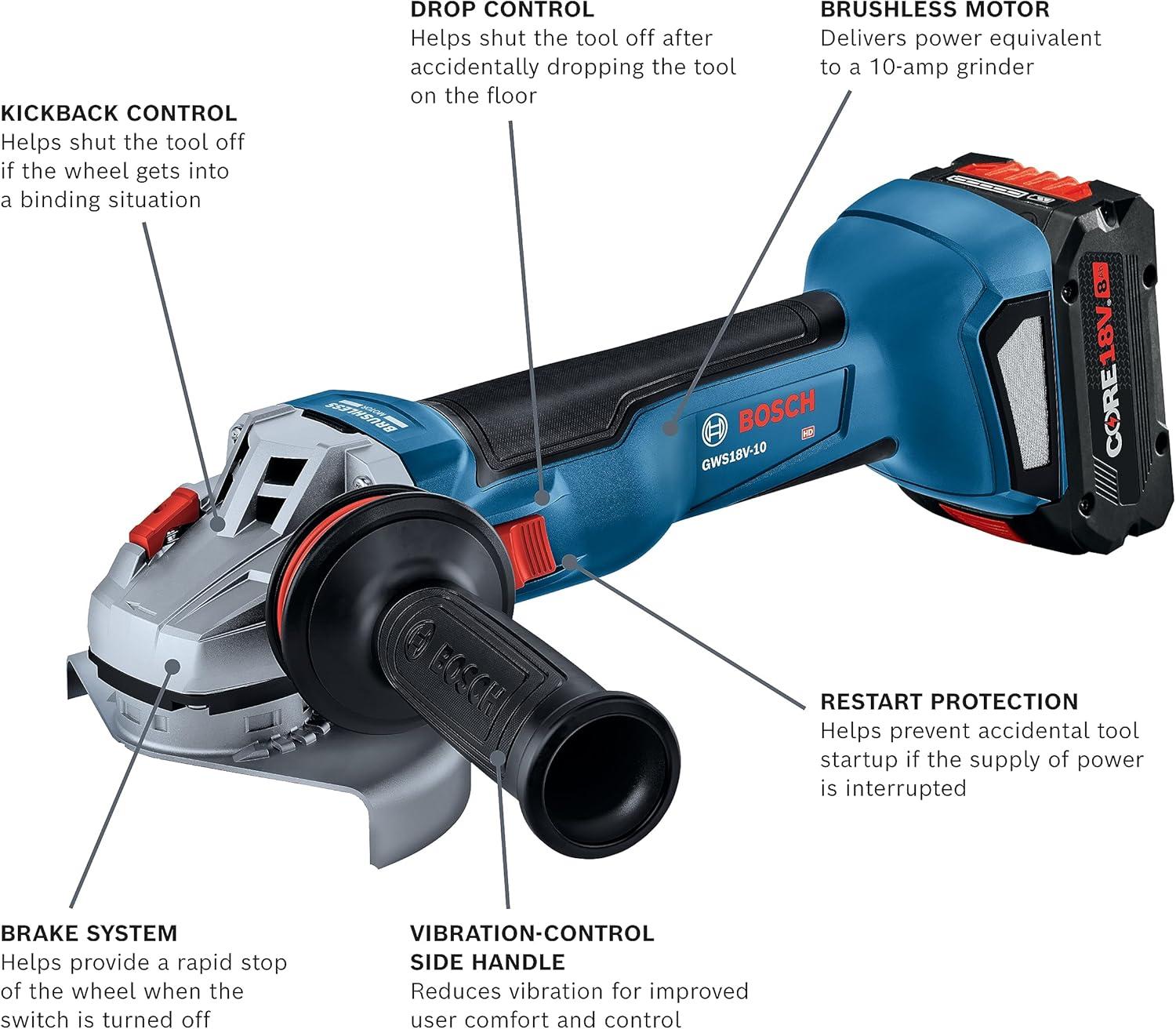 imageBosch GWS18V10B14 18V Brushless 412 5 In Angle Grinder Kit with 1 CORE18V 8 Ah High Power Battery