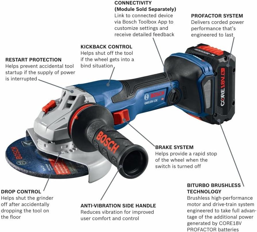 imageBosch GWS18V13CB14 PROFACTOR 18V ConnectedReady 5 6 In Angle Grinder Kit with 1 CORE18V 8 Ah High Power BatteryIndustrial