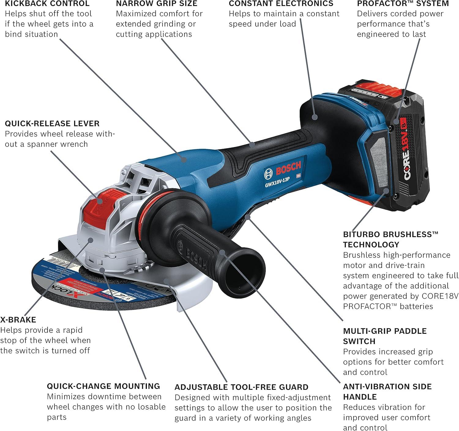 imageBosch GWX18V13PB14 PROFACTOR 18V XLOCK 5 6 In Angle Grinder with No LockOn Paddle Switch and 1 CORE18V 8 Ah High Power Battery