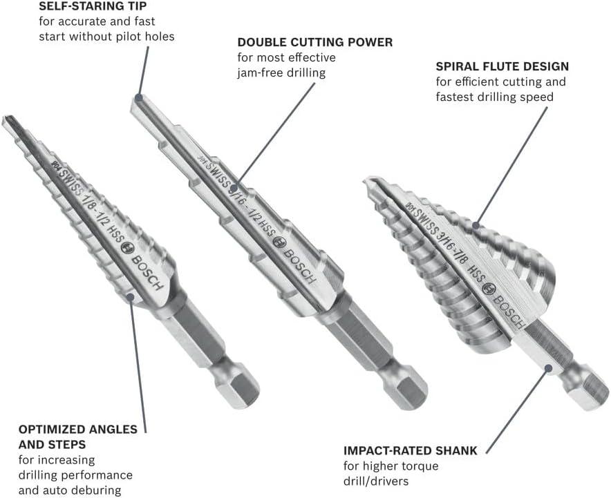 imageBosch IMSDC003 3 pc HighSpeed Steel Impact Tough Turbo Step Drill Bit Set3pc Impact