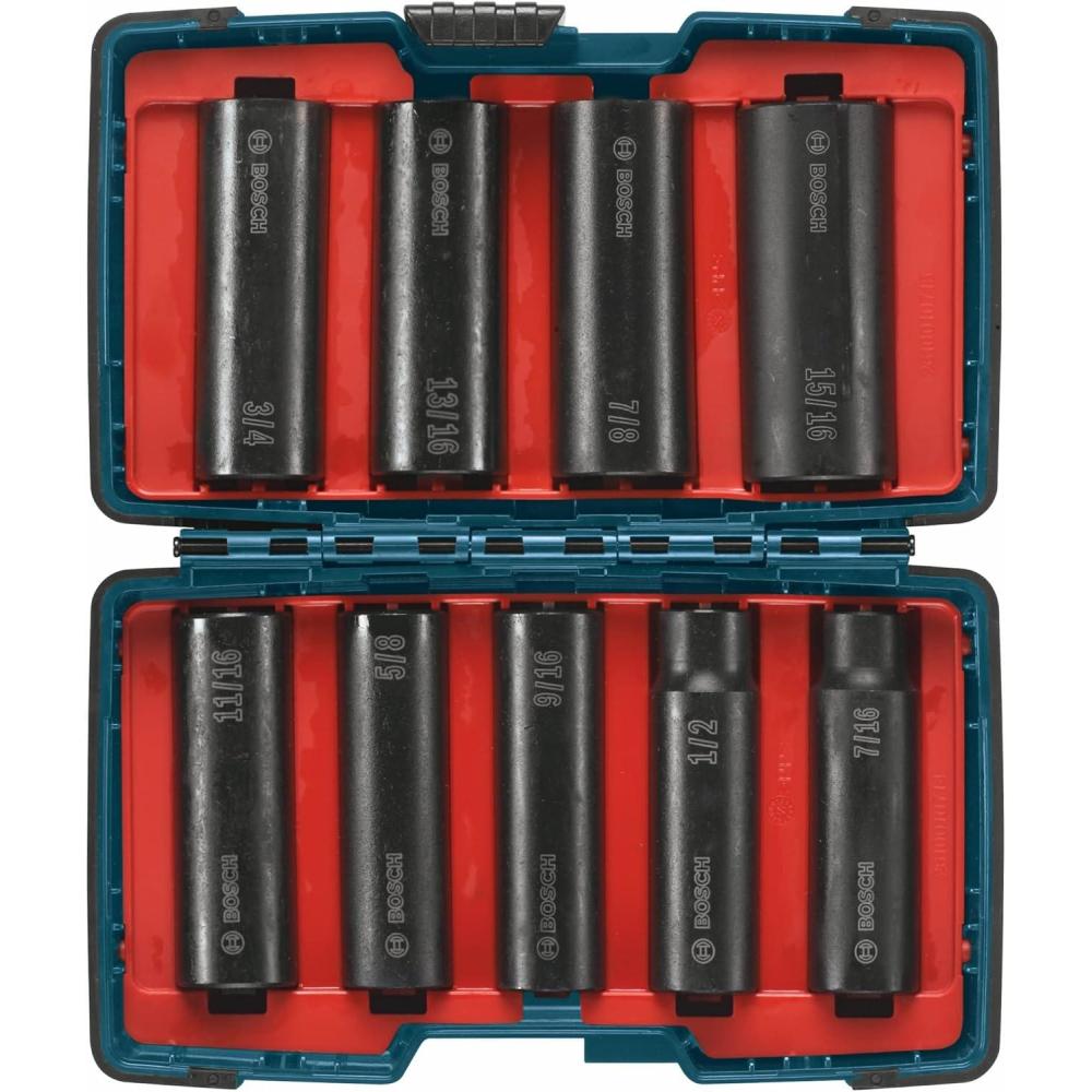 imageBOSCH 27286 12 In Shank 9Piece Assorted Set with Brute Tough Case Impact Tough Deep Well Sockets for Applications in High Torque Driving and Fastening