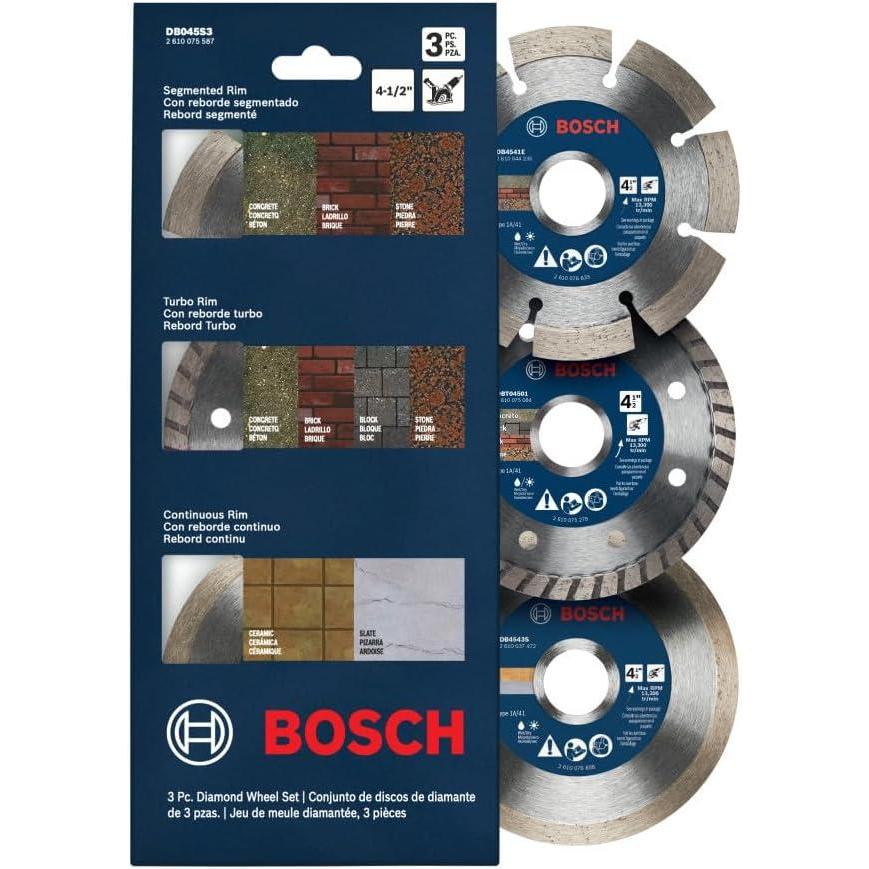 imageBOSCH DB045S3 45 in 3Pc Diamond Blade Set Includes Segmented Turbo Continuous Diamond Blades and Reducing Rings