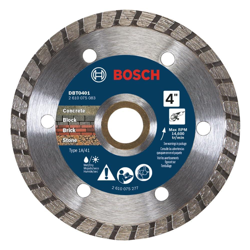 imageBOSCH DBT0401 4 in Premium Turbo Rim Diamond Blade  Fast Smooth Cuts  Concrete Brick Stone  Standard Angle Grinders4 DIAMETER
