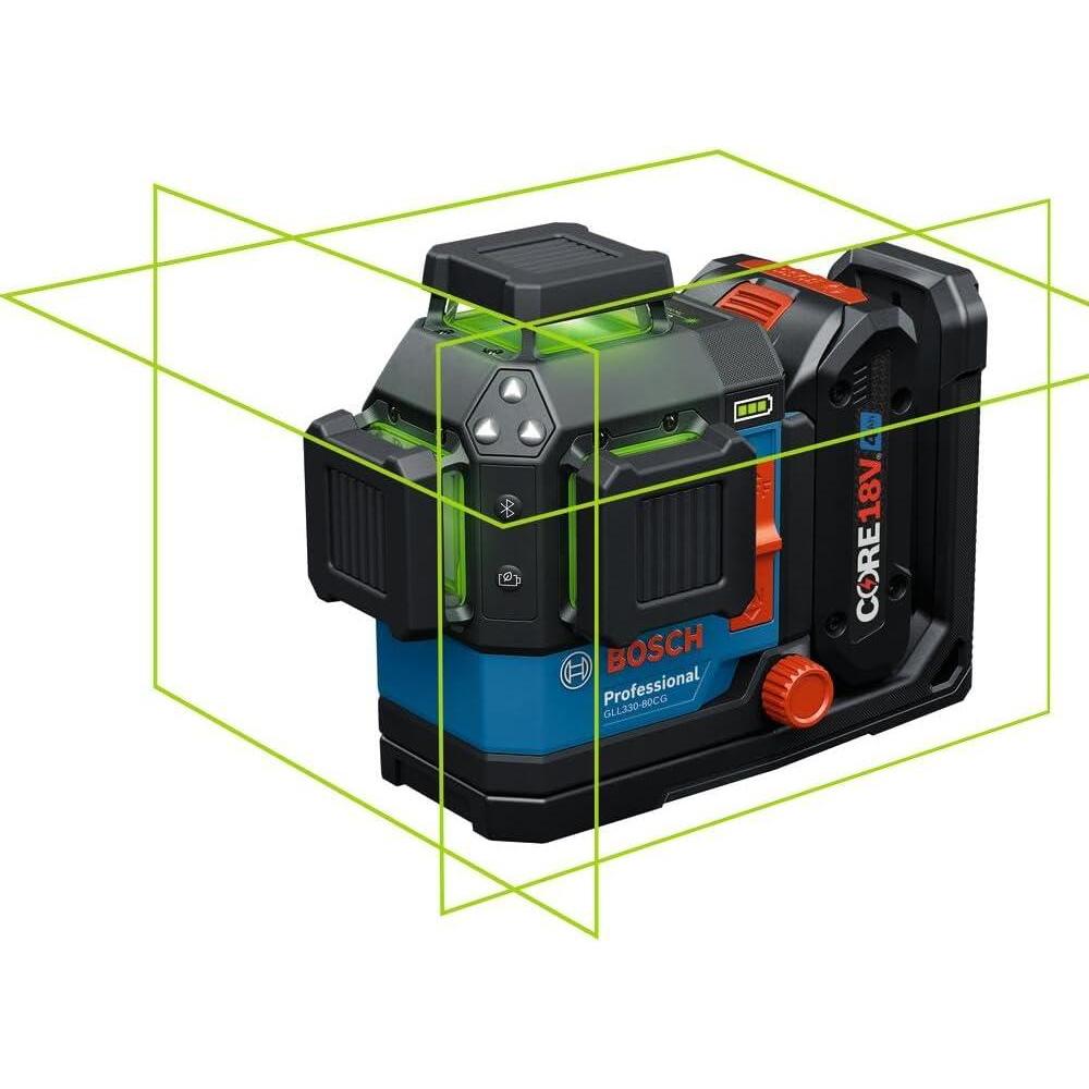imageBOSCH GLL33080CGL 18V 360 Connected GreenBeam ThreePlane Leveling and Alignment Laser with 4 Ah Battery  Versatile HighVisibility Laser with Bluetooth Connectivity and Smart Pendulum System