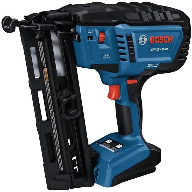 imageBOSCH GNH18V16MAN 18V Brushless 16Gauge Angled Finish Nailer Fastens up to 1600 Nails per Charge OneHanded Activation ToolFree Jam Clearing Belt Hook Bare ToolBare Tool