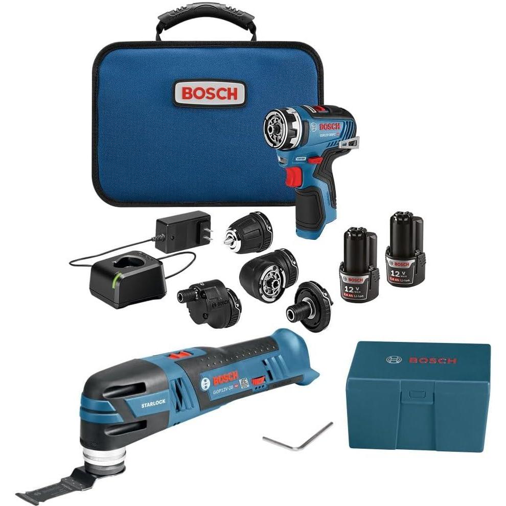 imageBOSCH GXL12V270B22 12V Max Brushless 2 Tool Combo Kit with 5in1 Flexiclick Cordless DrillDriver and Starlock Oscillating Multi Tool Includes 2 Batteries Charger amp 4 Attachments
