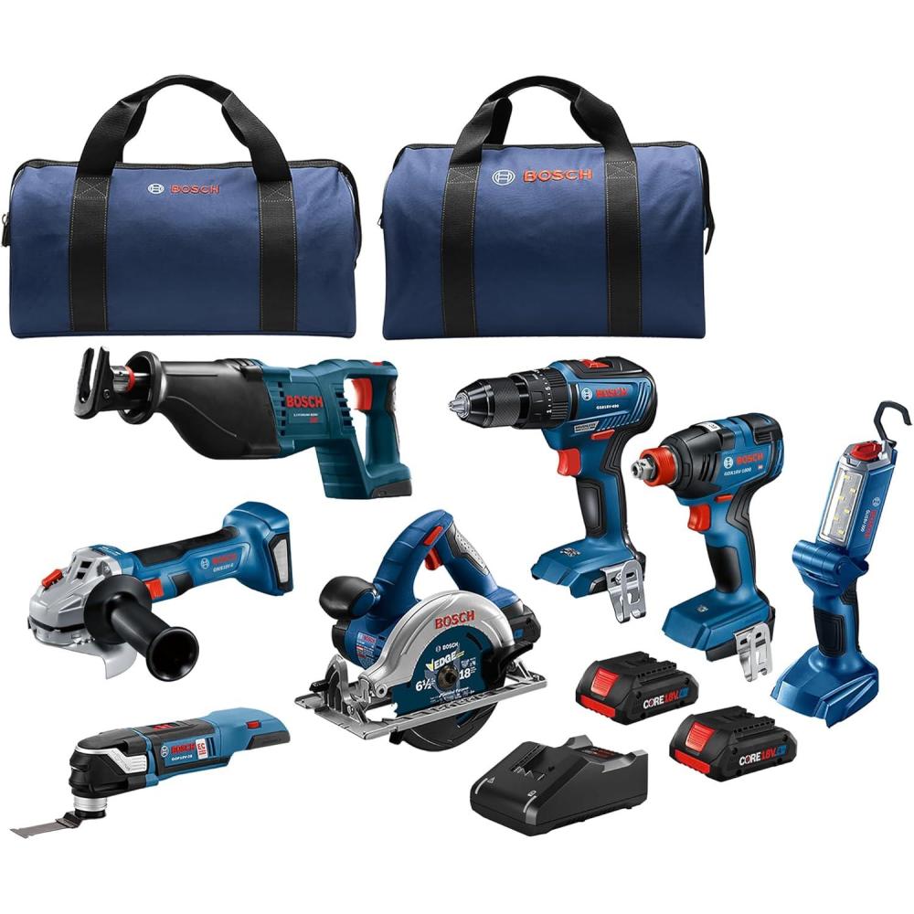 imageBOSCH GXL18V701B25 18V 7Tool Combo Kit with 2In1 BitSocket Impact Driver Hammer DrillDriver Recip Saw Circular Saw Oscillating Tool Angle Grinder LED Worklight amp 2 CORE18V 4 Ah Batteries
