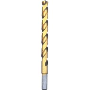 BOSCH TI2143 1-Piece 1/4 in. x 4 in. Titanium Nitride Coated Metal Drill Bit with 3/8 in. Reduced Shank for Applications in Heavy-Gauge Carbon Steels, Light Gauge Metal, Hardwood(27/64 in)