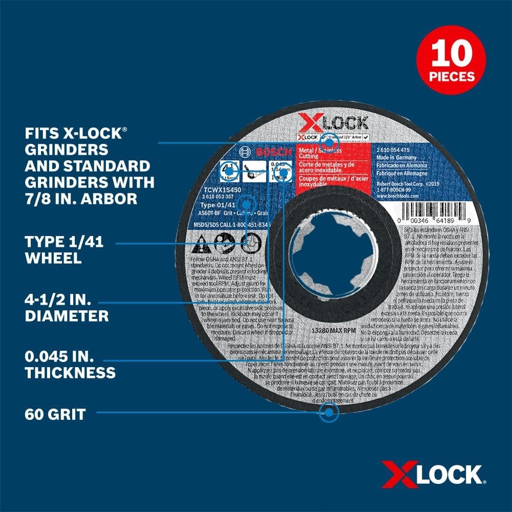 imageBOSCH TCWX1S450P10 412 in XLock MetalStainless Steel Cutting Wheels 10 Pack 60 Grit Type 141